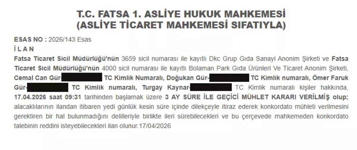 DKC Grup Gıda ve Bolaman Park Gıda'ya Konkordato Mühleti Verildi